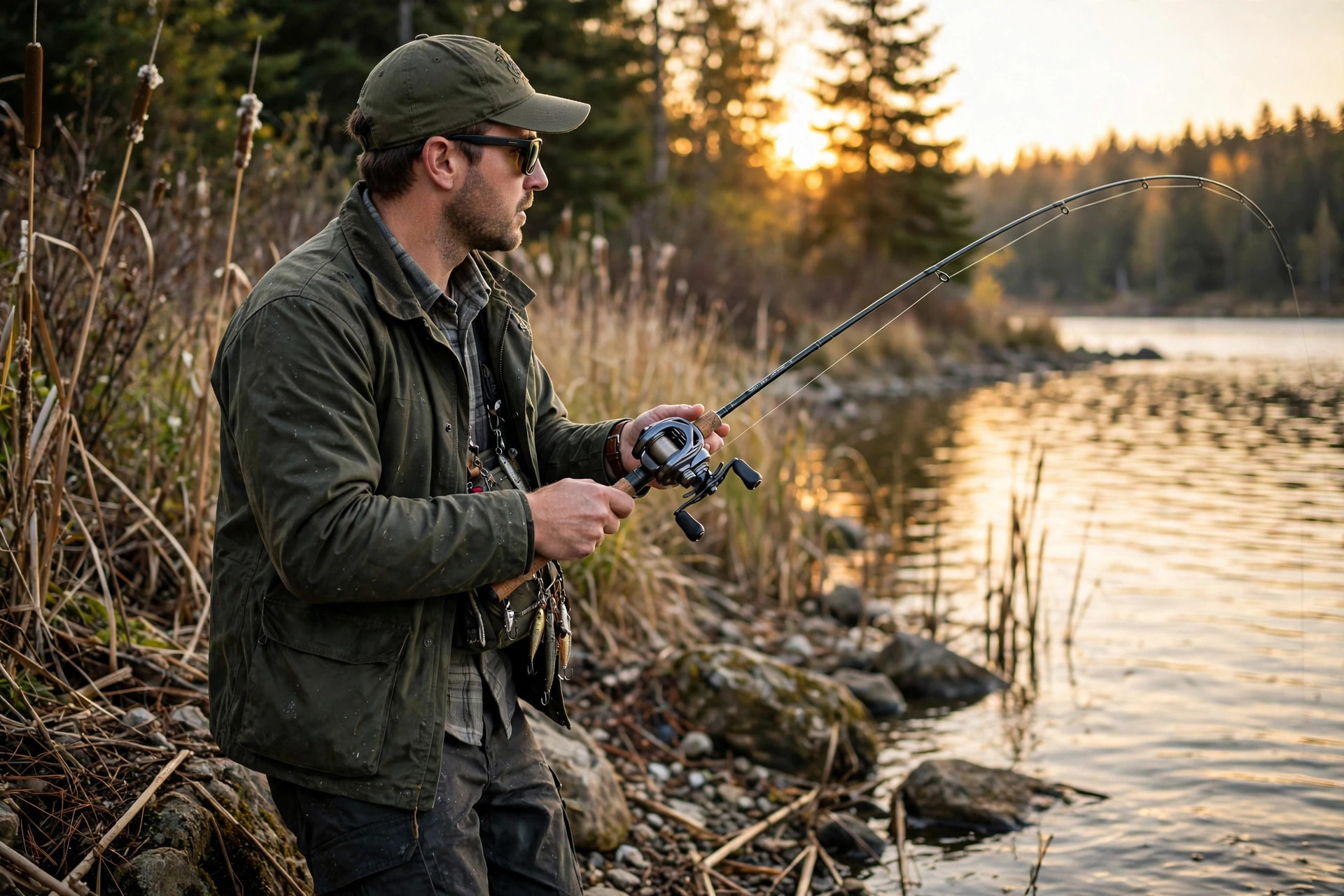 Angler fishing with a low-profile baitcasting reel at golden hour