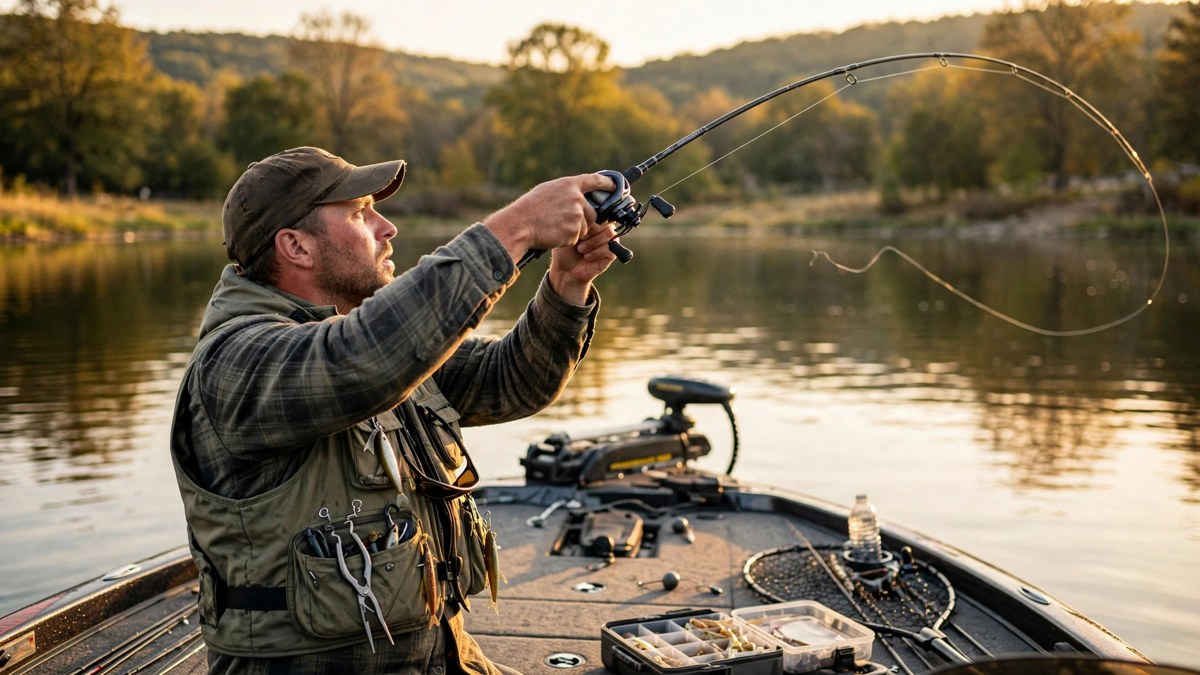 Angler making a cast with a baitcasting rod and reel from a bass boat at golden hour