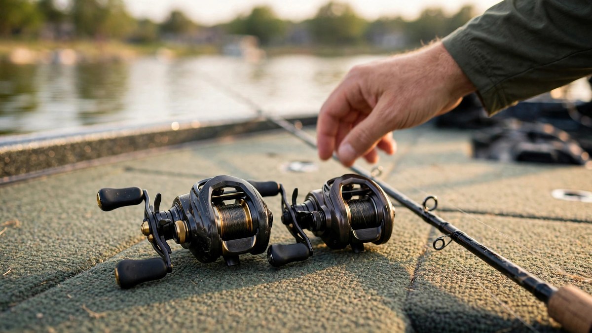 Two Daiwa baitcasting reels side by side on a bass boat deck
